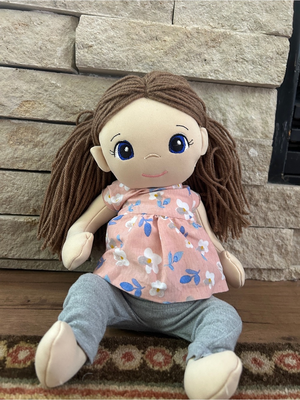 Hand Crafted Brown-Haired Plush Doll in Pink Floral Dress with Gray Pants